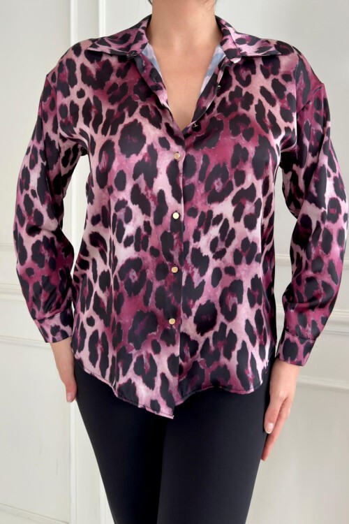 Leopar Desenli Saten Gömlek